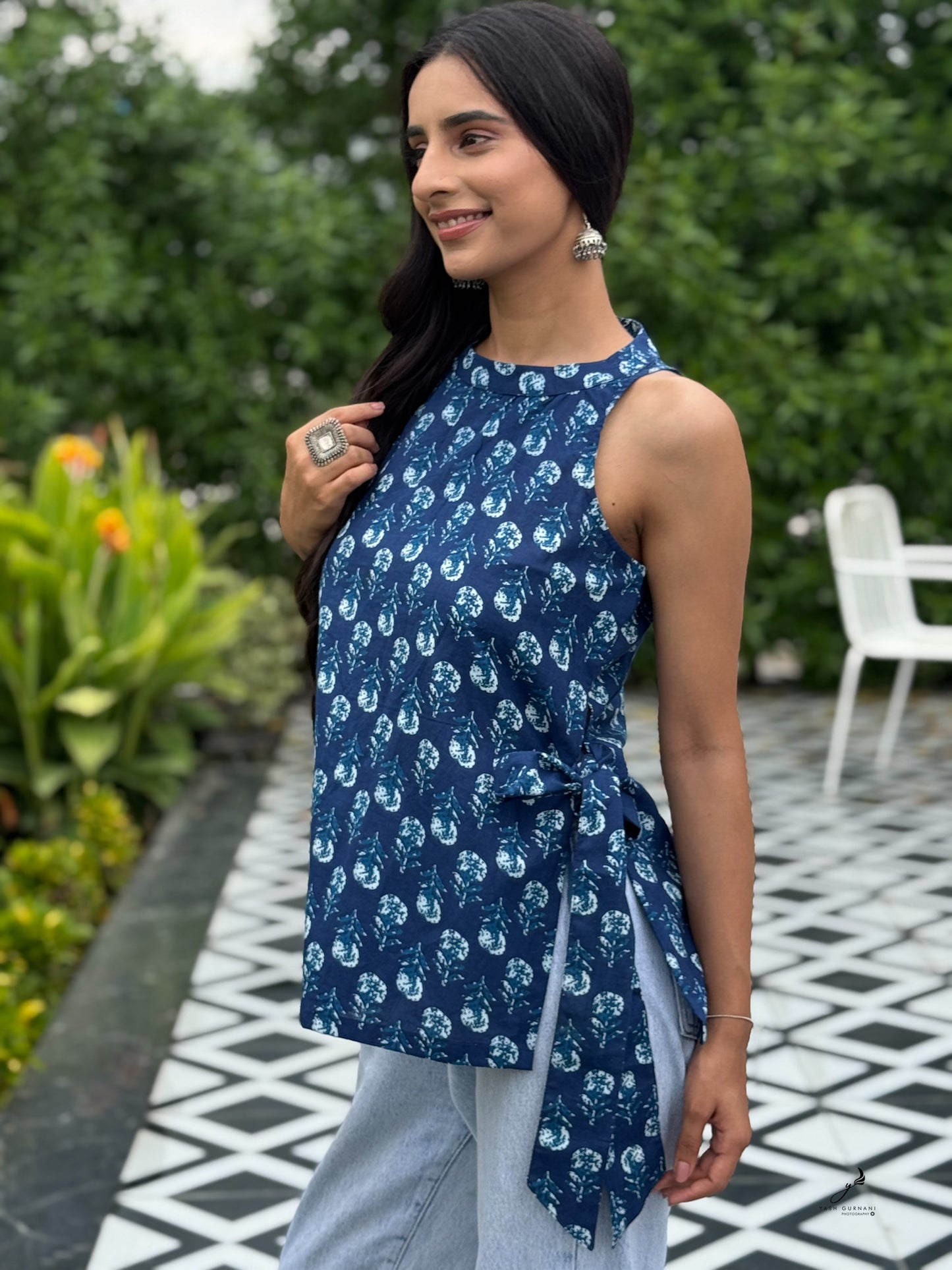KUSUMITA INDIGO BLUE COTTON SIDE KNOTS SHORT KURTI