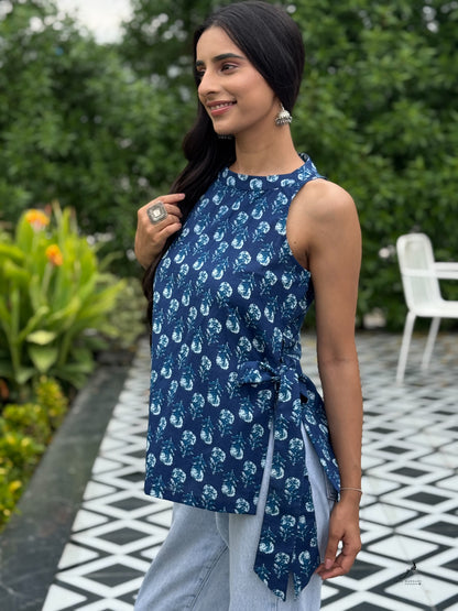 KUSUMITA INDIGO BLUE COTTON SIDE KNOTS SHORT KURTI