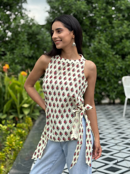 CHARITA COTTON FLORAL MOTIF SIDE KNOTS SHORT KURTI