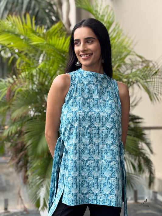 ISIRA COTTON BLUE SIDE KNOTS SHORT KURTI