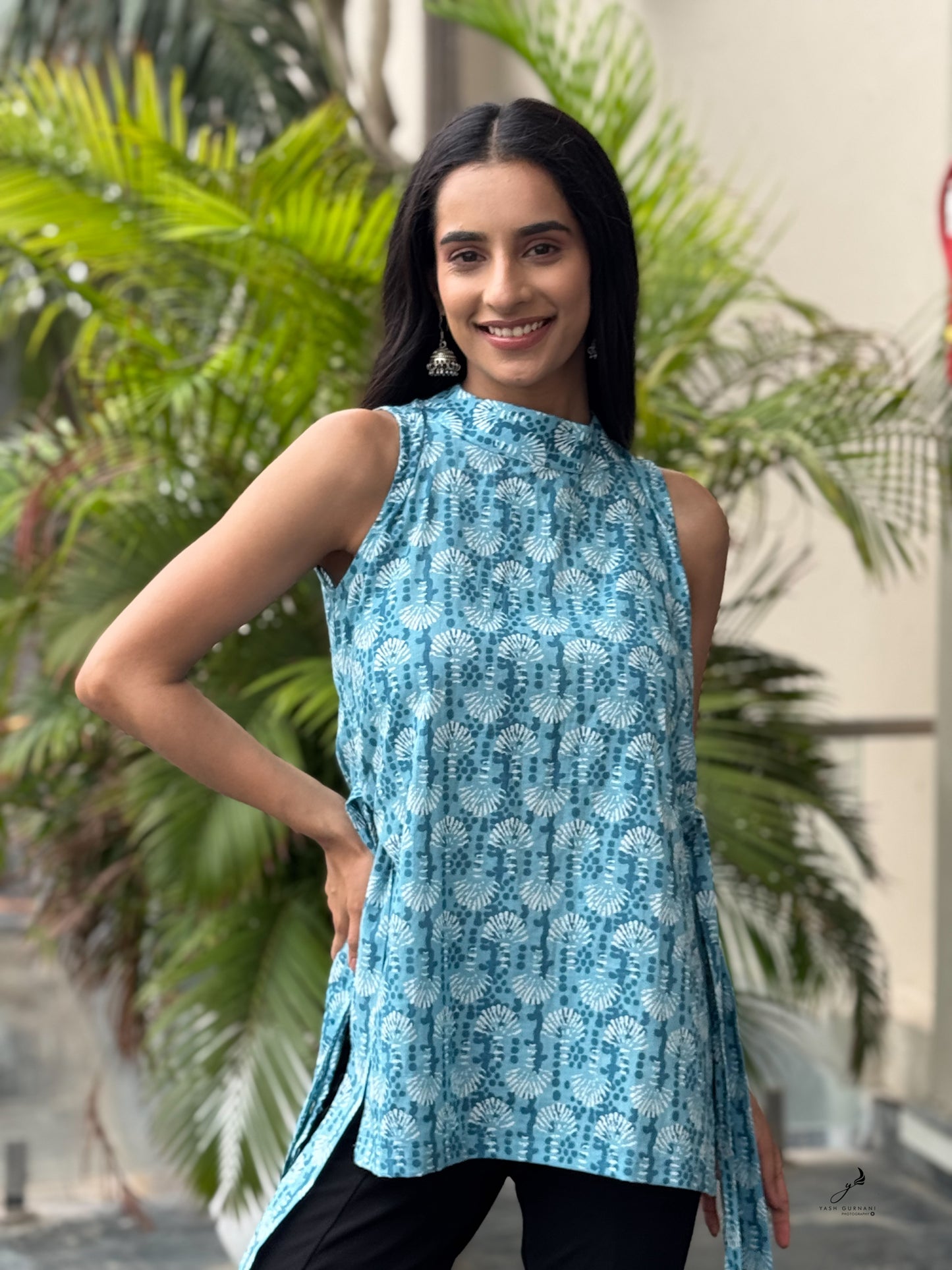 ISIRA COTTON BLUE SIDE KNOTS SHORT KURTI
