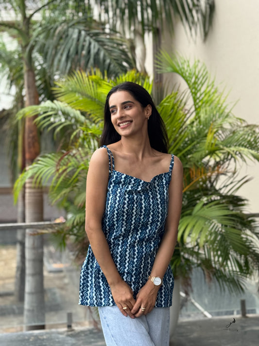 MANIRA INDIGO COTTON NOODLE STRAP SHORT KURTI