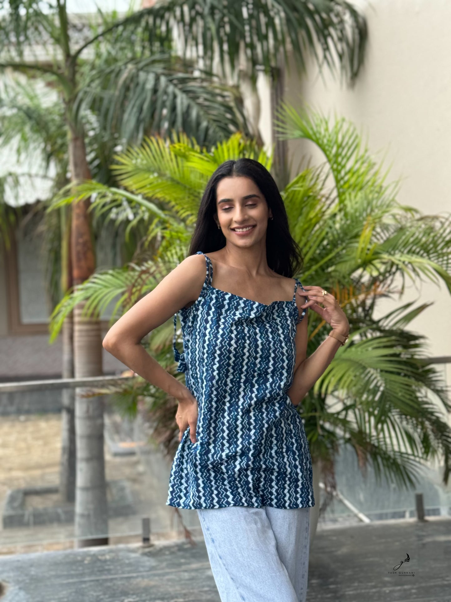 MANIRA INDIGO COTTON NOODLE STRAP SHORT KURTI
