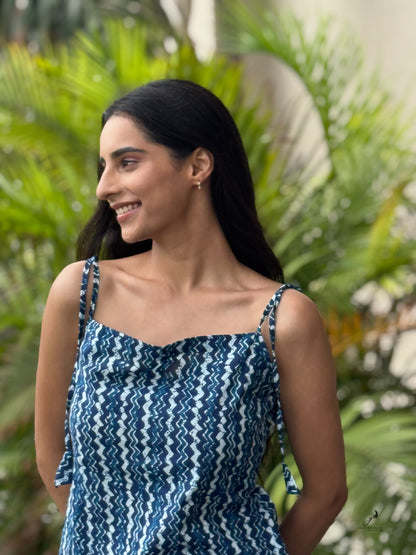 MANIRA INDIGO COTTON NOODLE STRAP SHORT KURTI