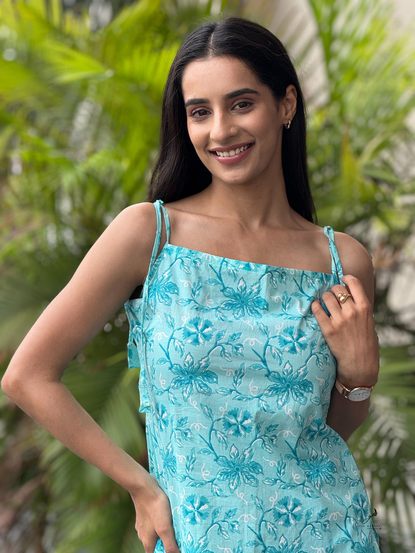 KSHIRJA TURQUOISE COTTON NOODLE STRAP SHORT KURTI