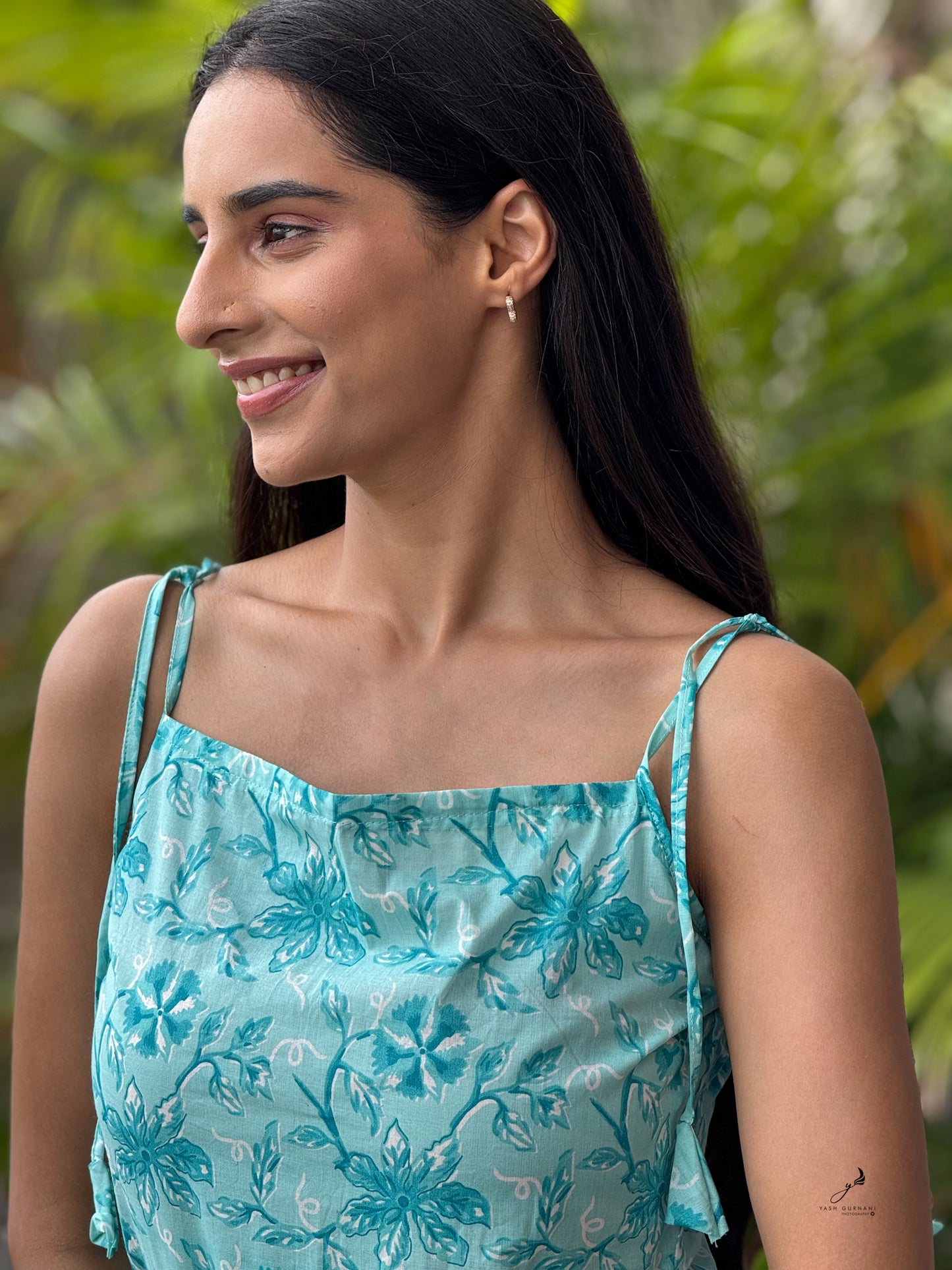 KSHIRJA TURQUOISE COTTON NOODLE STRAP SHORT KURTI