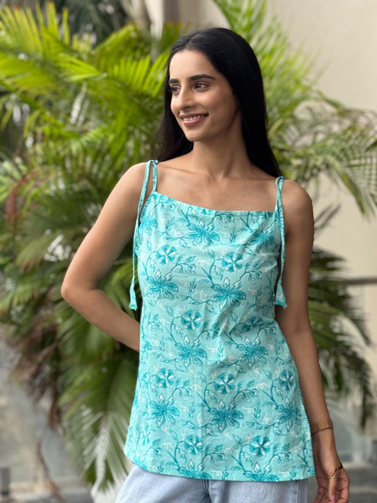 KSHIRJA TURQUOISE COTTON NOODLE STRAP SHORT KURTI