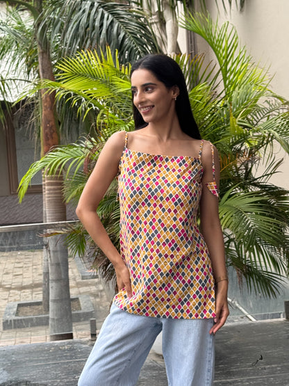 BHAVANTI COTTON YELLLOW NOODLE STRAP SHORT KURTI