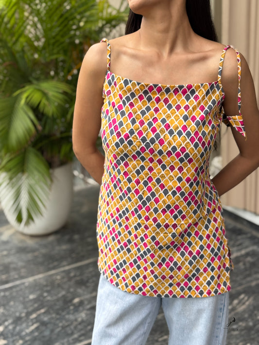 BHAVANTI COTTON YELLLOW NOODLE STRAP SHORT KURTI