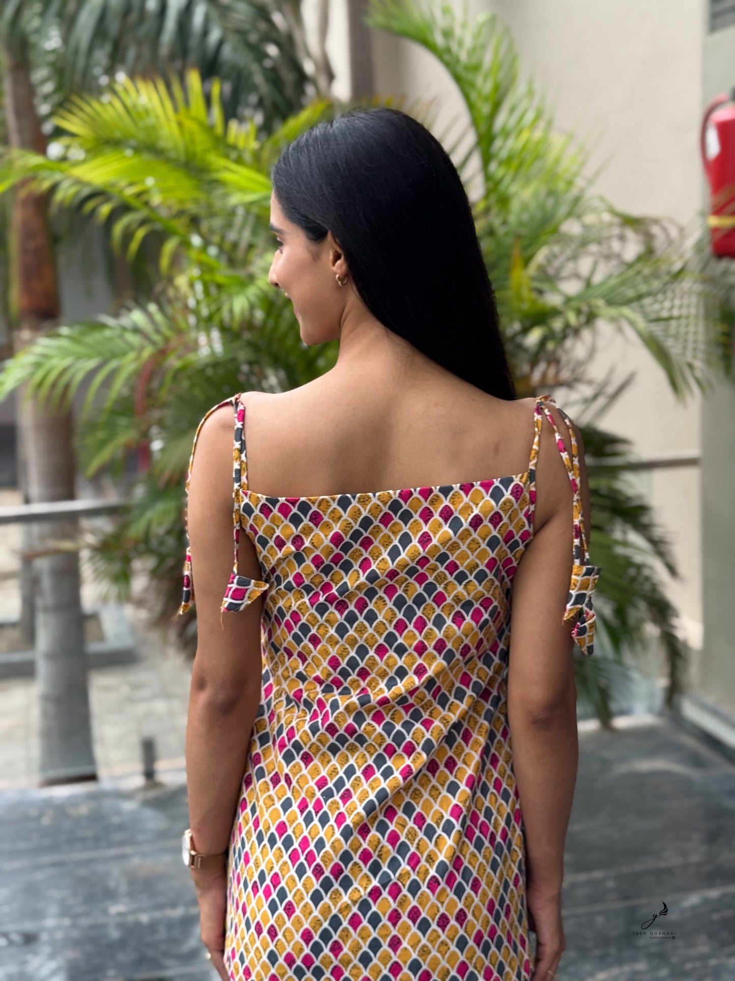 BHAVANTI COTTON YELLLOW NOODLE STRAP SHORT KURTI