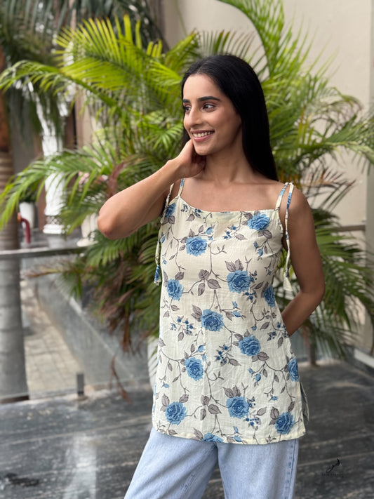 RIDHIMA COTTON BLUE FLOWER NOODLE STRAP SHORT KURTI