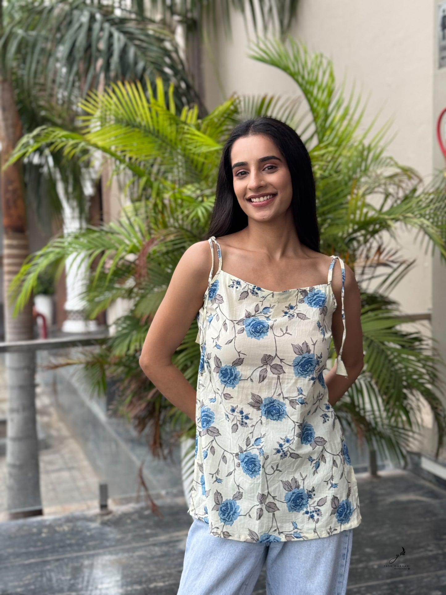 RIDHIMA COTTON BLUE FLOWER NOODLE STRAP SHORT KURTI