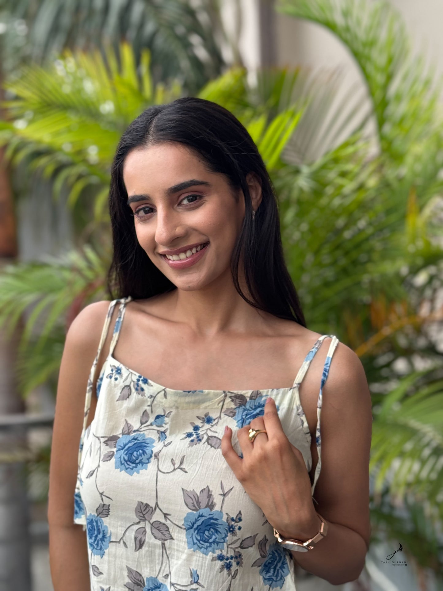 RIDHIMA COTTON BLUE FLOWER NOODLE STRAP SHORT KURTI