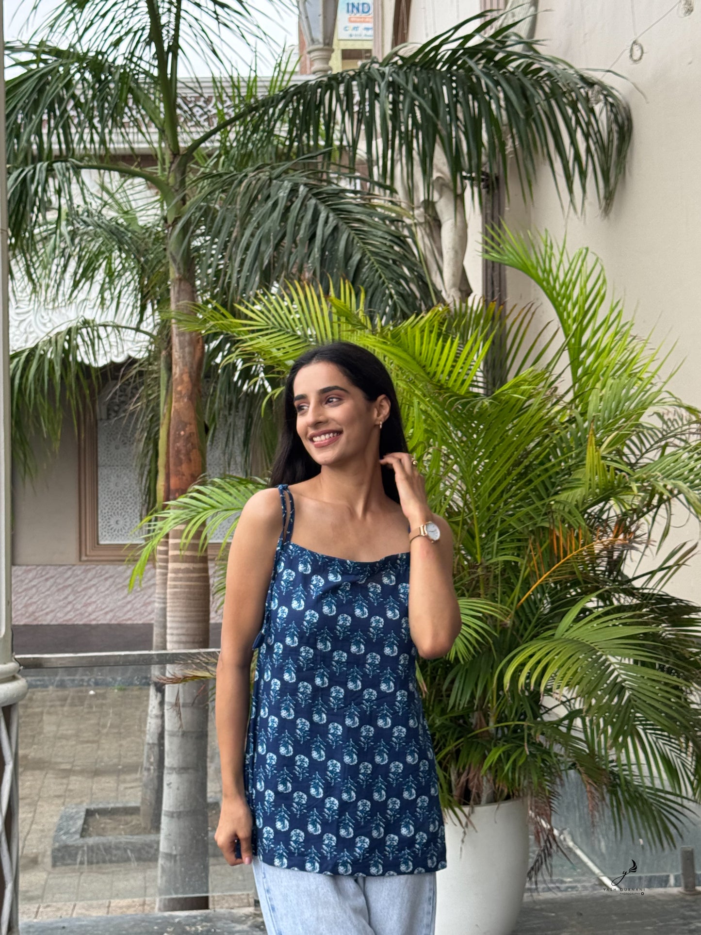 TARUNIKA INDIGO BLUE COTTON FLOWER NOODLE STRAP SHORT KURTI