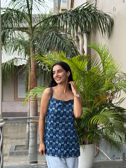 TARUNIKA INDIGO BLUE COTTON FLOWER NOODLE STRAP SHORT KURTI