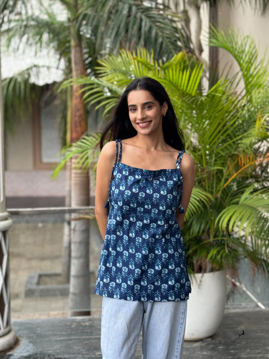 TARUNIKA INDIGO BLUE COTTON FLOWER NOODLE STRAP SHORT KURTI