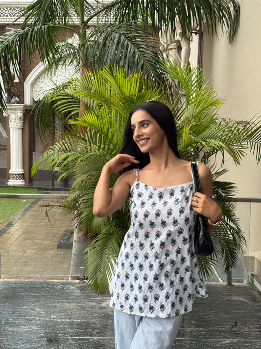 VRINDA WHITE COTTON NOODLE STRAP SHORT KURTI