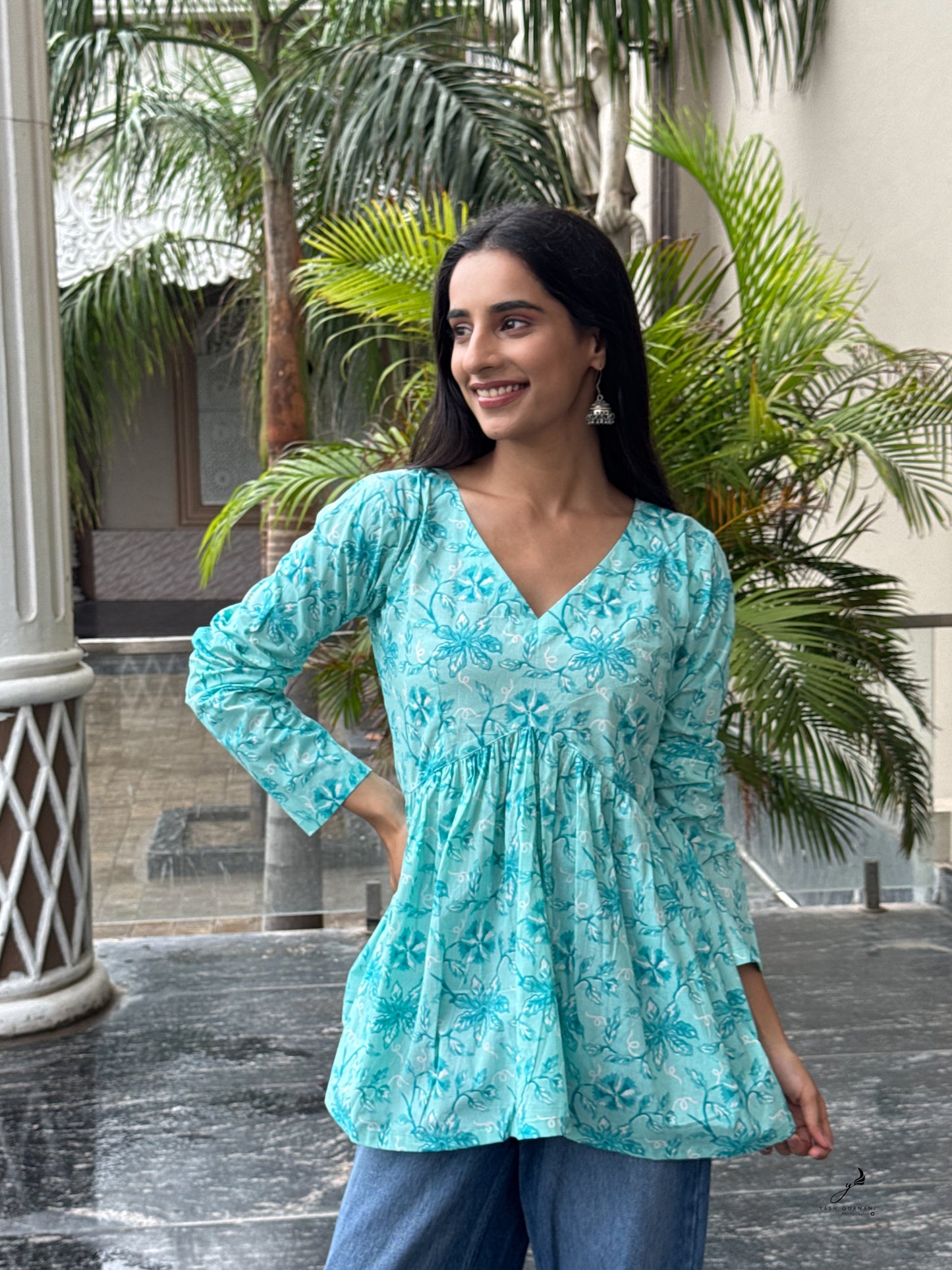 NAIMISHA TURQUOISE COTTON FLORAL SHORT KURTI