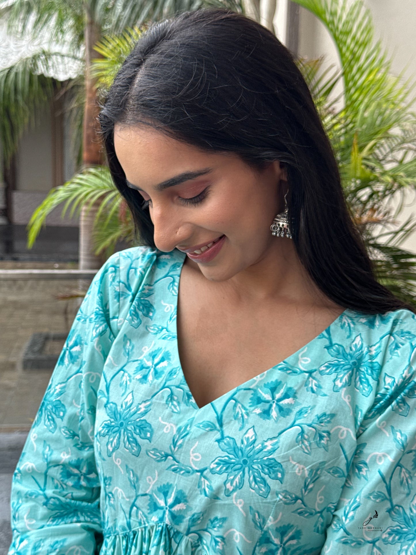 NAIMISHA TURQUOISE COTTON FLORAL SHORT KURTI