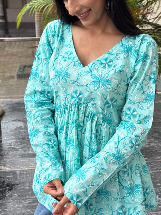 NAIMISHA TURQUOISE COTTON FLORAL SHORT KURTI