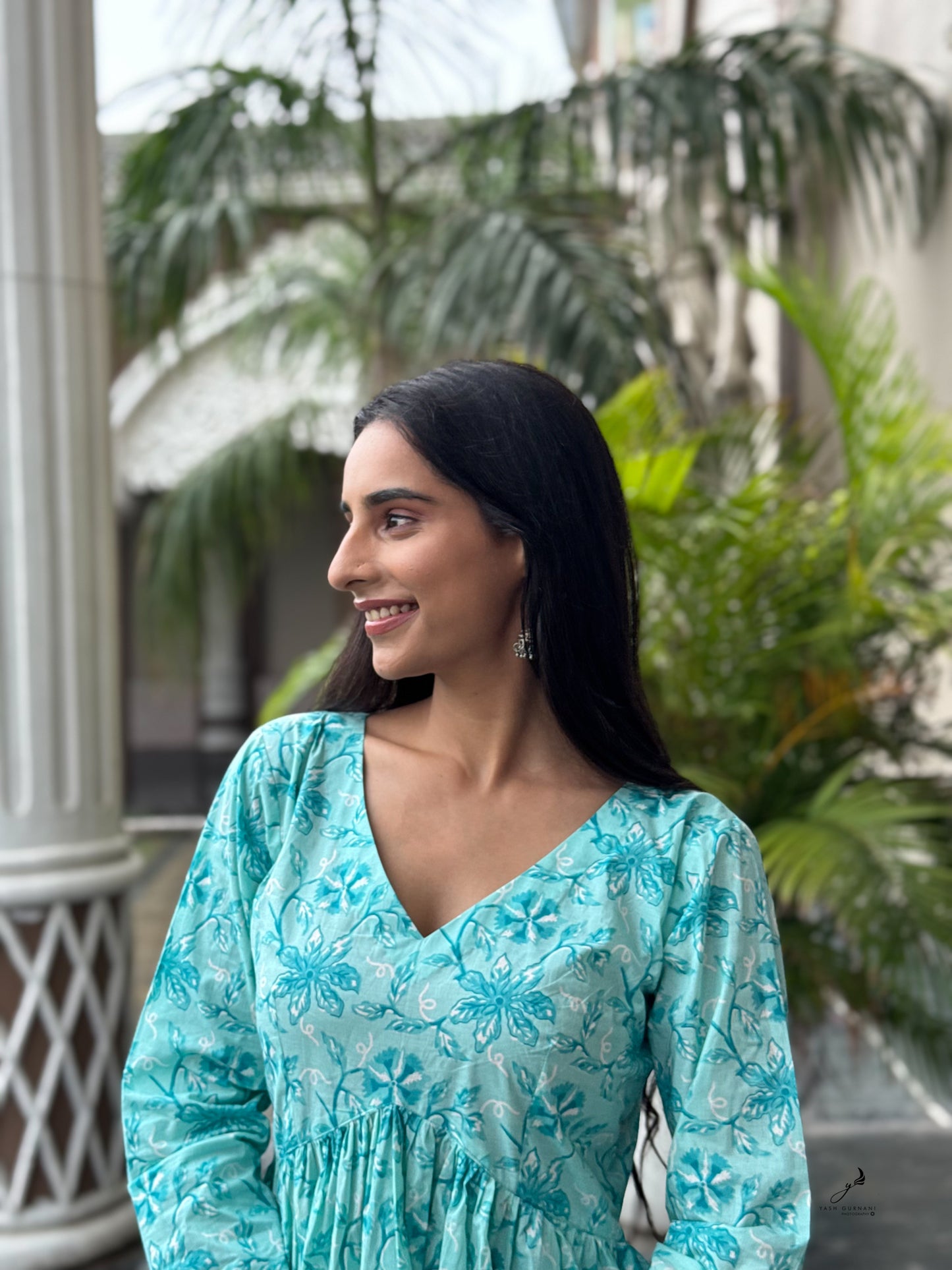 NAIMISHA TURQUOISE COTTON FLORAL SHORT KURTI