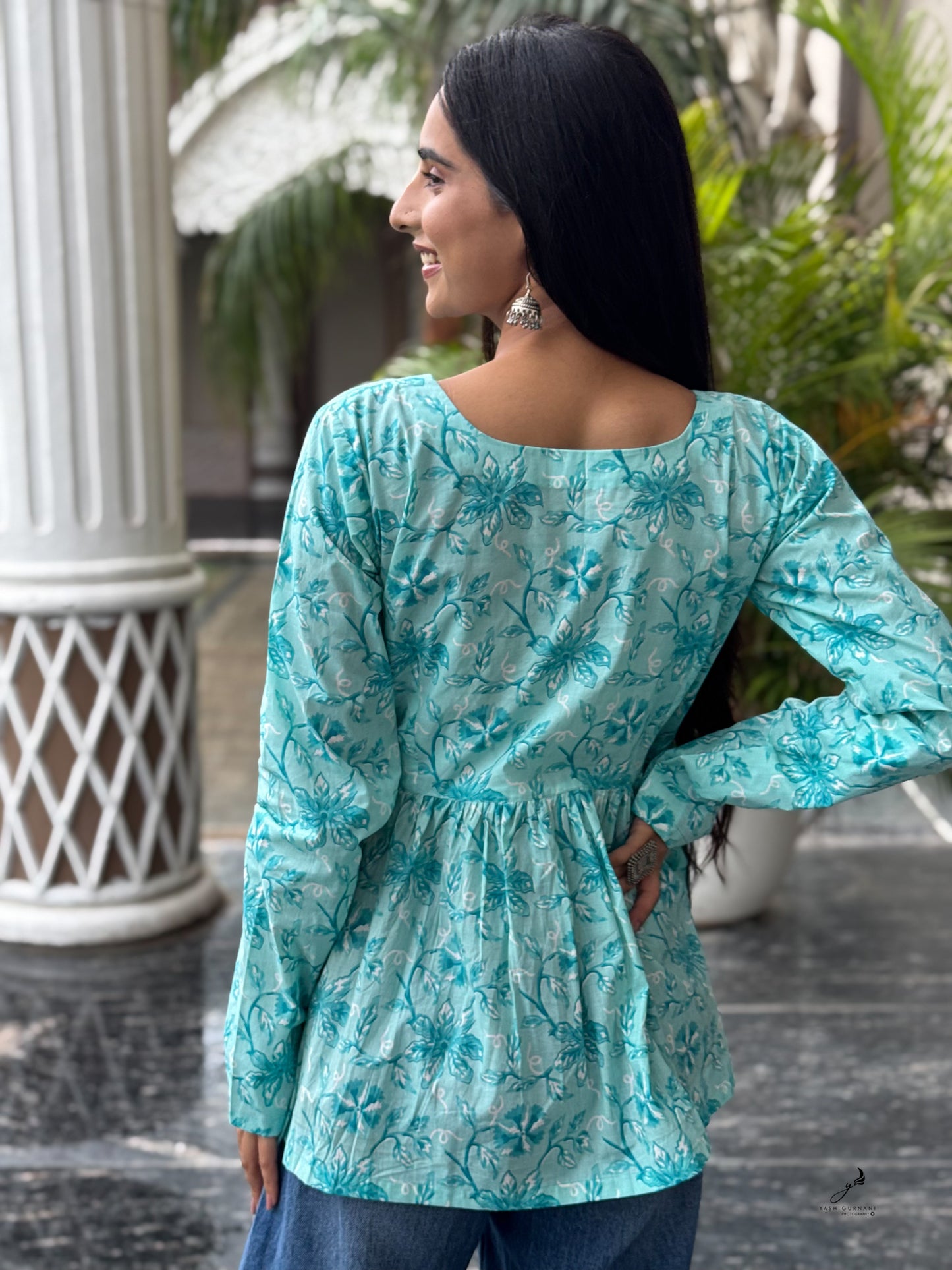 NAIMISHA TURQUOISE COTTON FLORAL SHORT KURTI