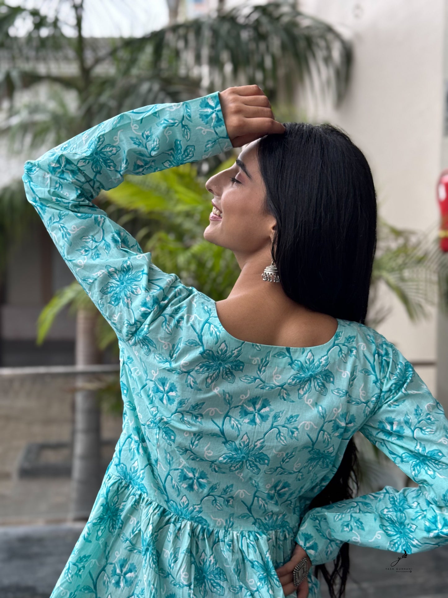 NAIMISHA TURQUOISE COTTON FLORAL SHORT KURTI