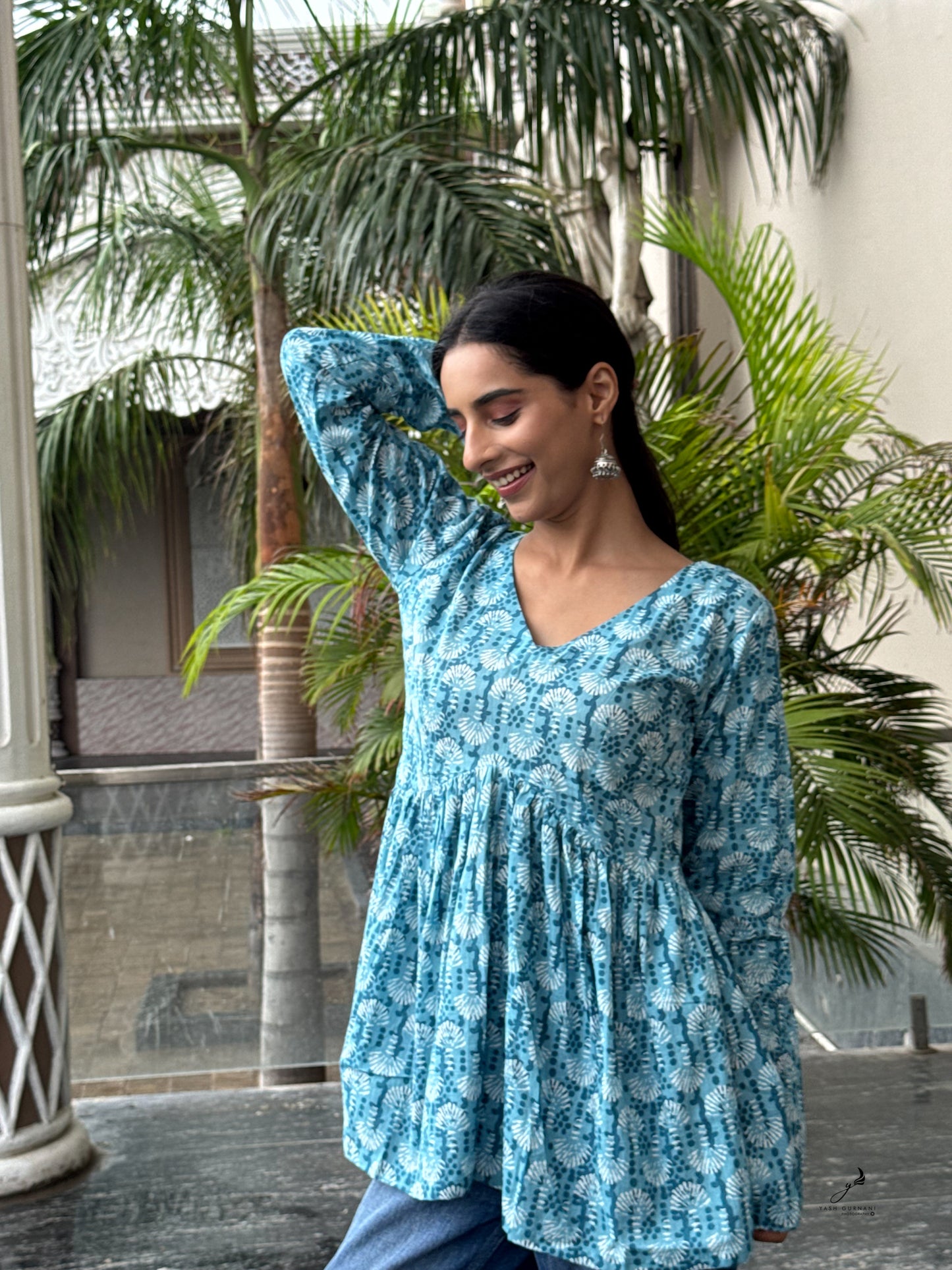 AGALYA BLUE COTTON FLORAL FULL SLEEVES KURTI