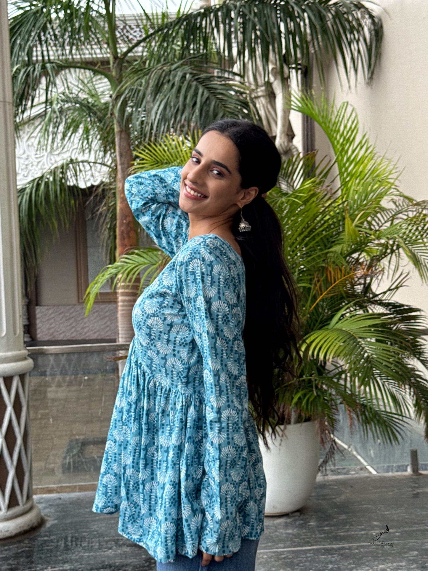AGALYA BLUE COTTON FLORAL FULL SLEEVES KURTI