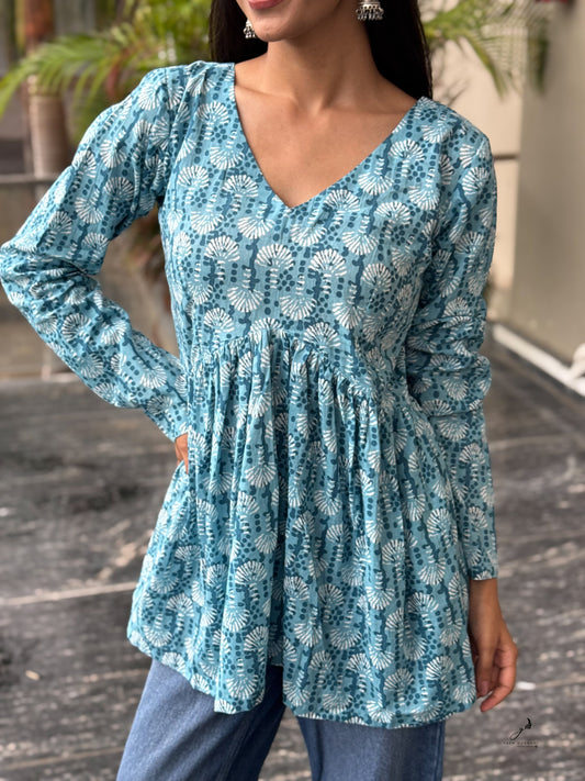 AGALYA BLUE COTTON FLORAL FULL SLEEVES KURTI