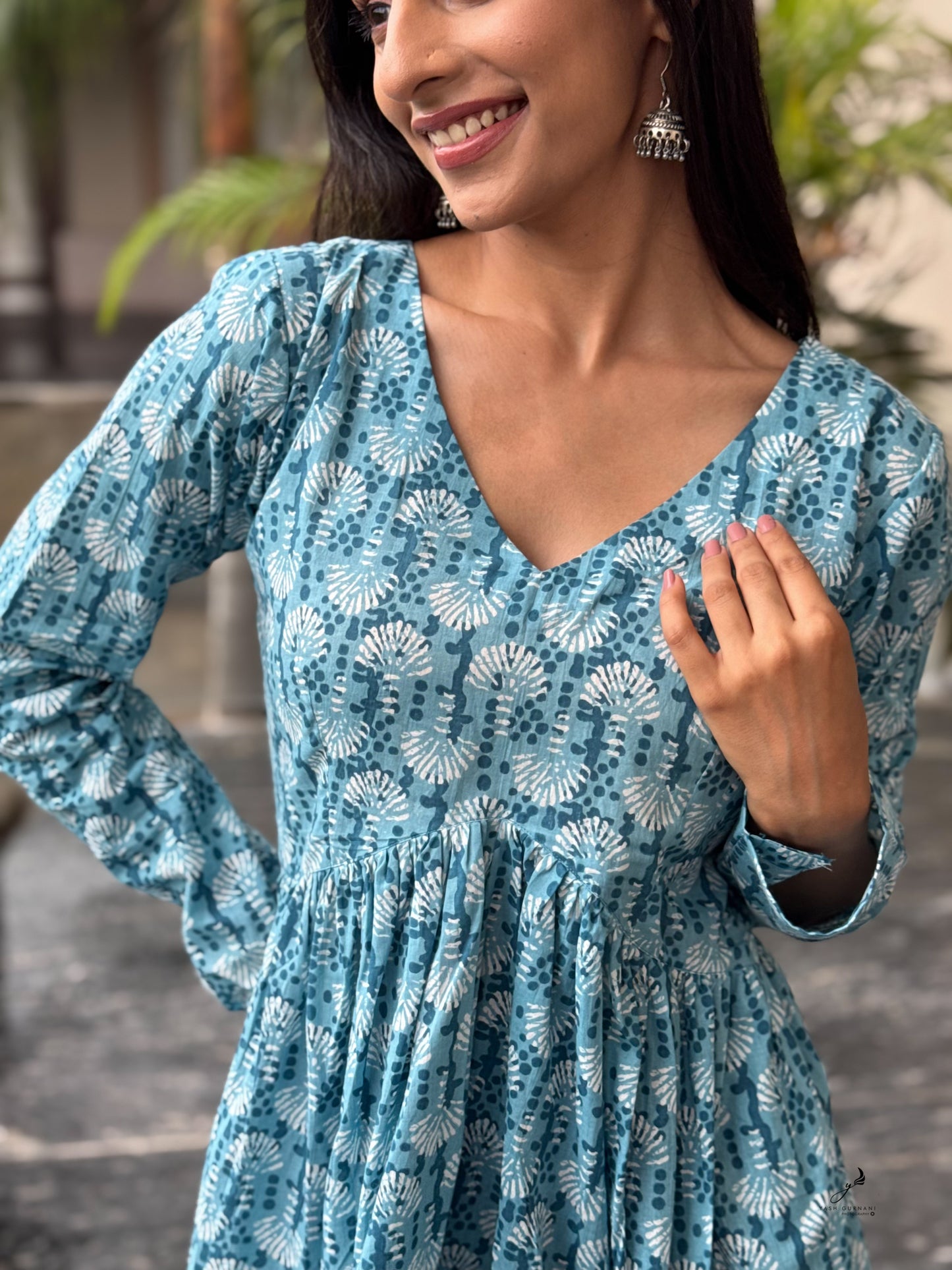 AGALYA BLUE COTTON FLORAL FULL SLEEVES KURTI