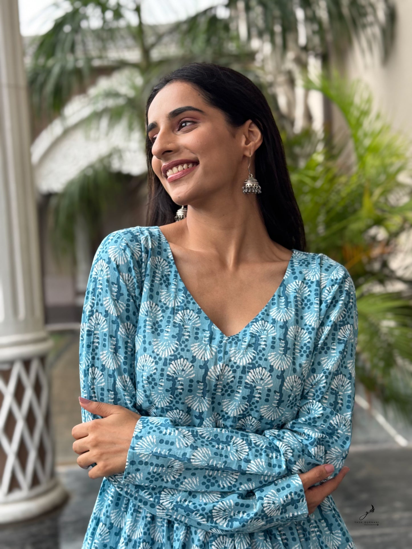 AGALYA BLUE COTTON FLORAL FULL SLEEVES KURTI