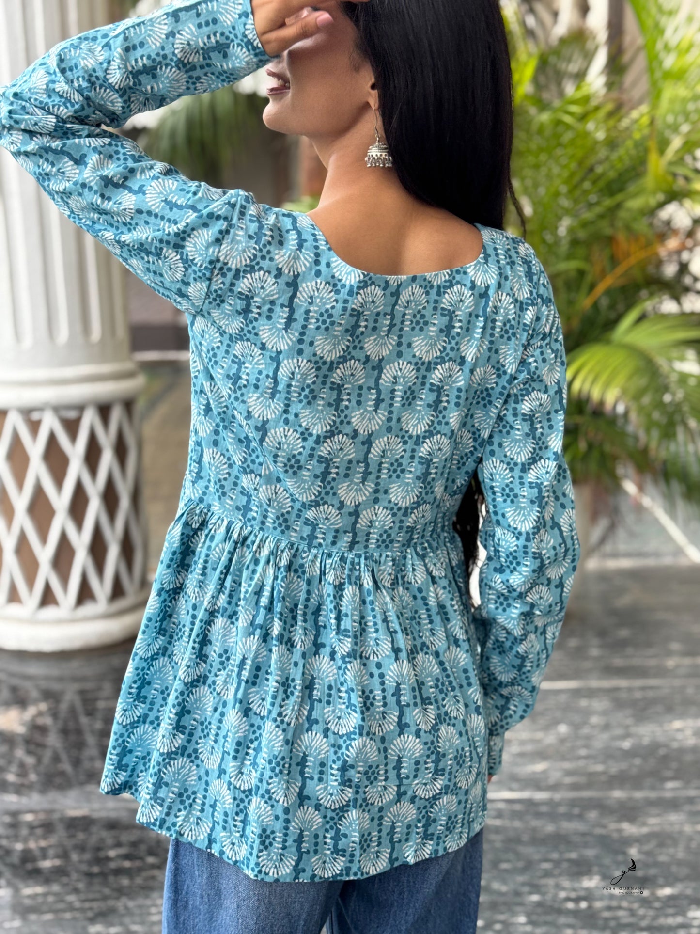 AGALYA BLUE COTTON FLORAL FULL SLEEVES KURTI