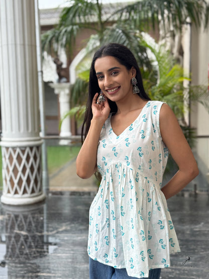 DIVIRA COTTON FLORAL SLEEVELESS SHORT KURTI