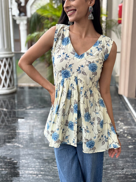 RIVYA BLUE FLOWER COTTON SLEEVELESS SHORT KURTI