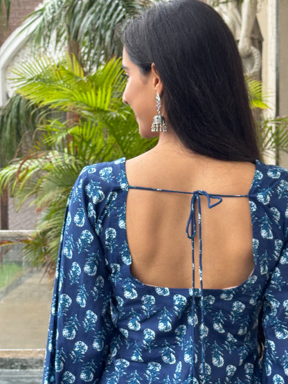 PRANVITA INDIGO BLUE COTTON BELL SLEEVES SHORT KURTI