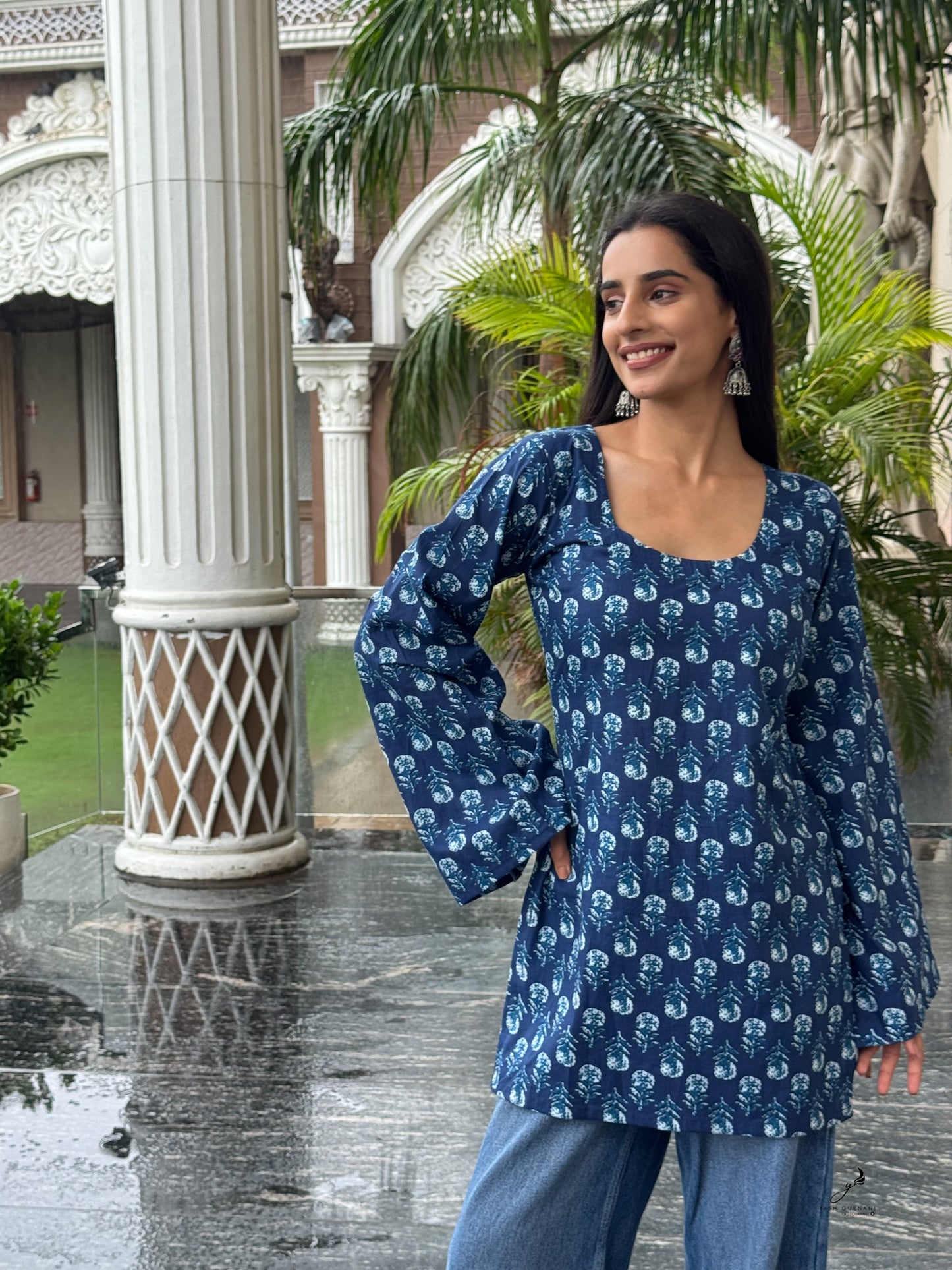 PRANVITA INDIGO BLUE COTTON BELL SLEEVES SHORT KURTI