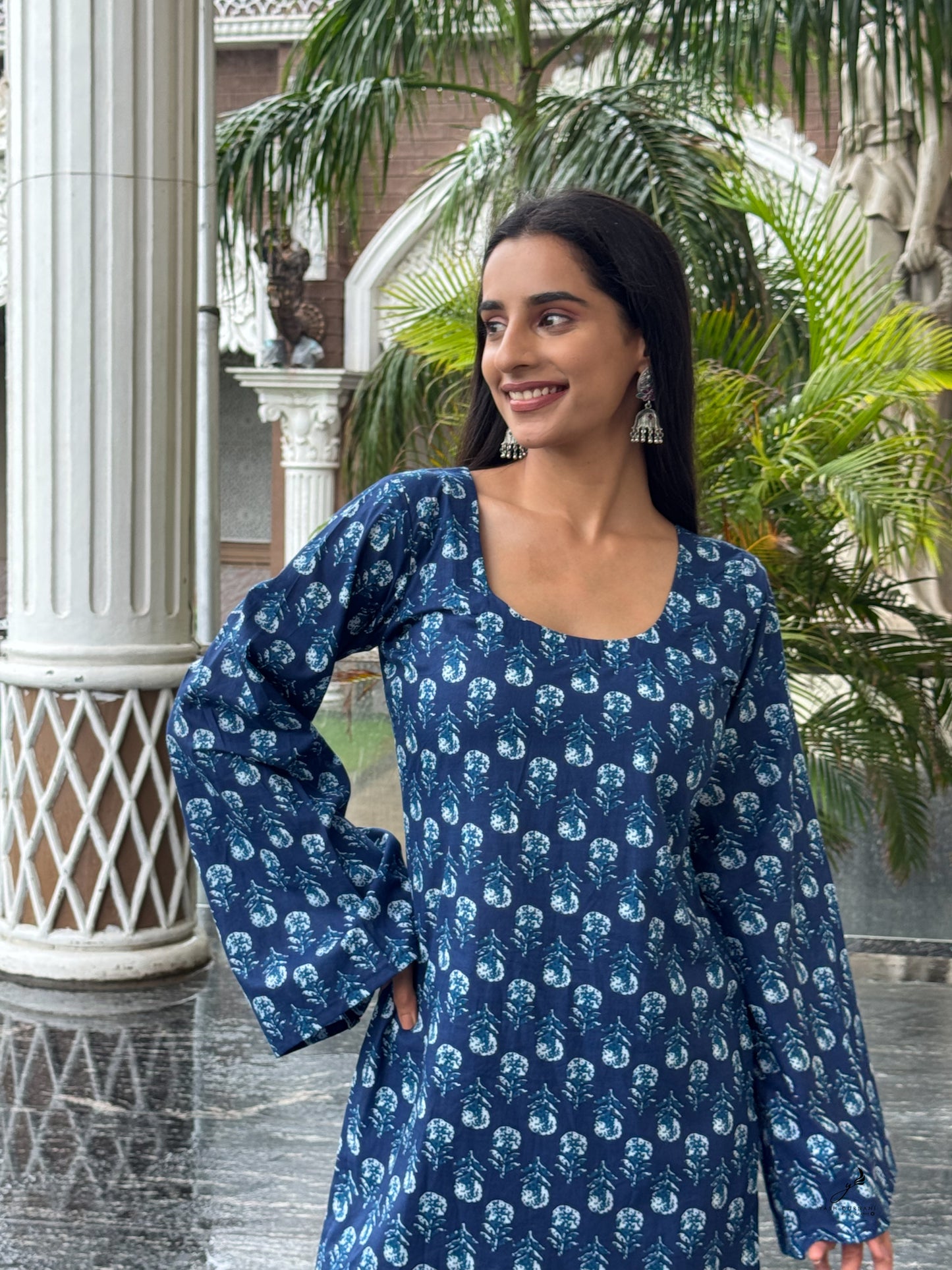 PRANVITA INDIGO BLUE COTTON BELL SLEEVES SHORT KURTI
