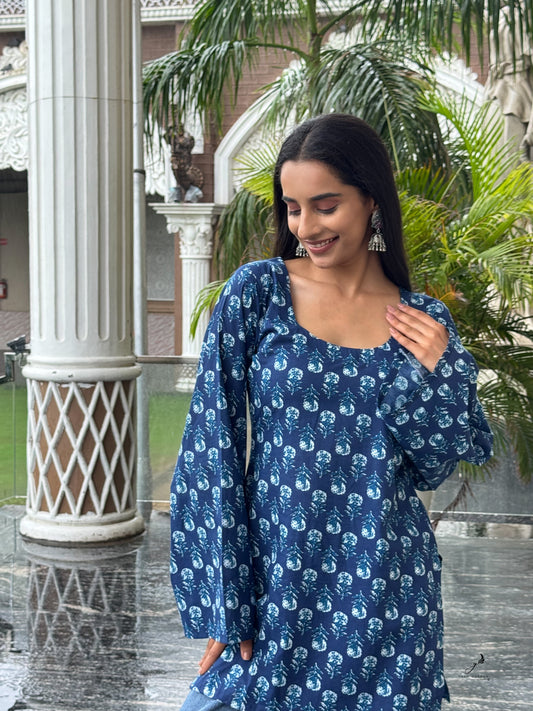 PRANVITA INDIGO BLUE COTTON BELL SLEEVES SHORT KURTI