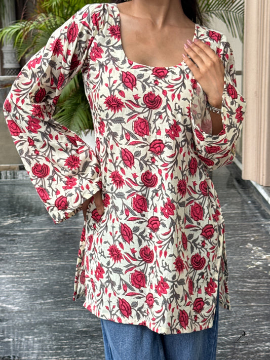 MISHKA FLORAL COTTON BELL SLEEVES SHORT KURTI