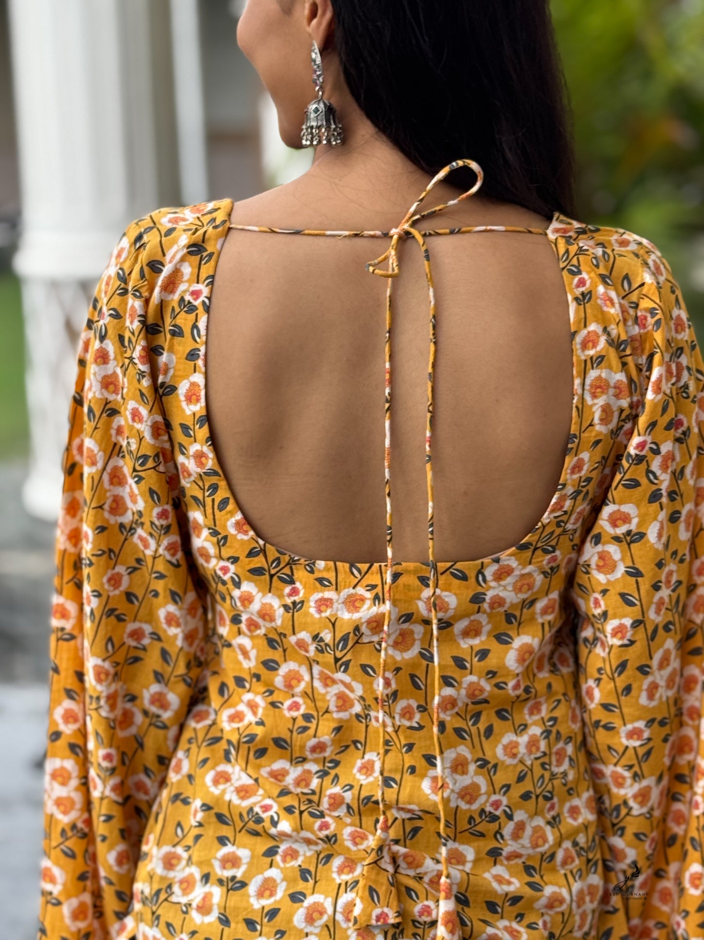 RAHEL COTTON YELLOW FLORAL BELL SLEEVES SHORT KURTI