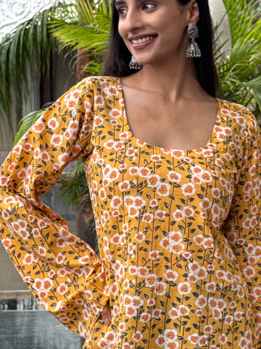 RAHEL COTTON YELLOW FLORAL BELL SLEEVES SHORT KURTI