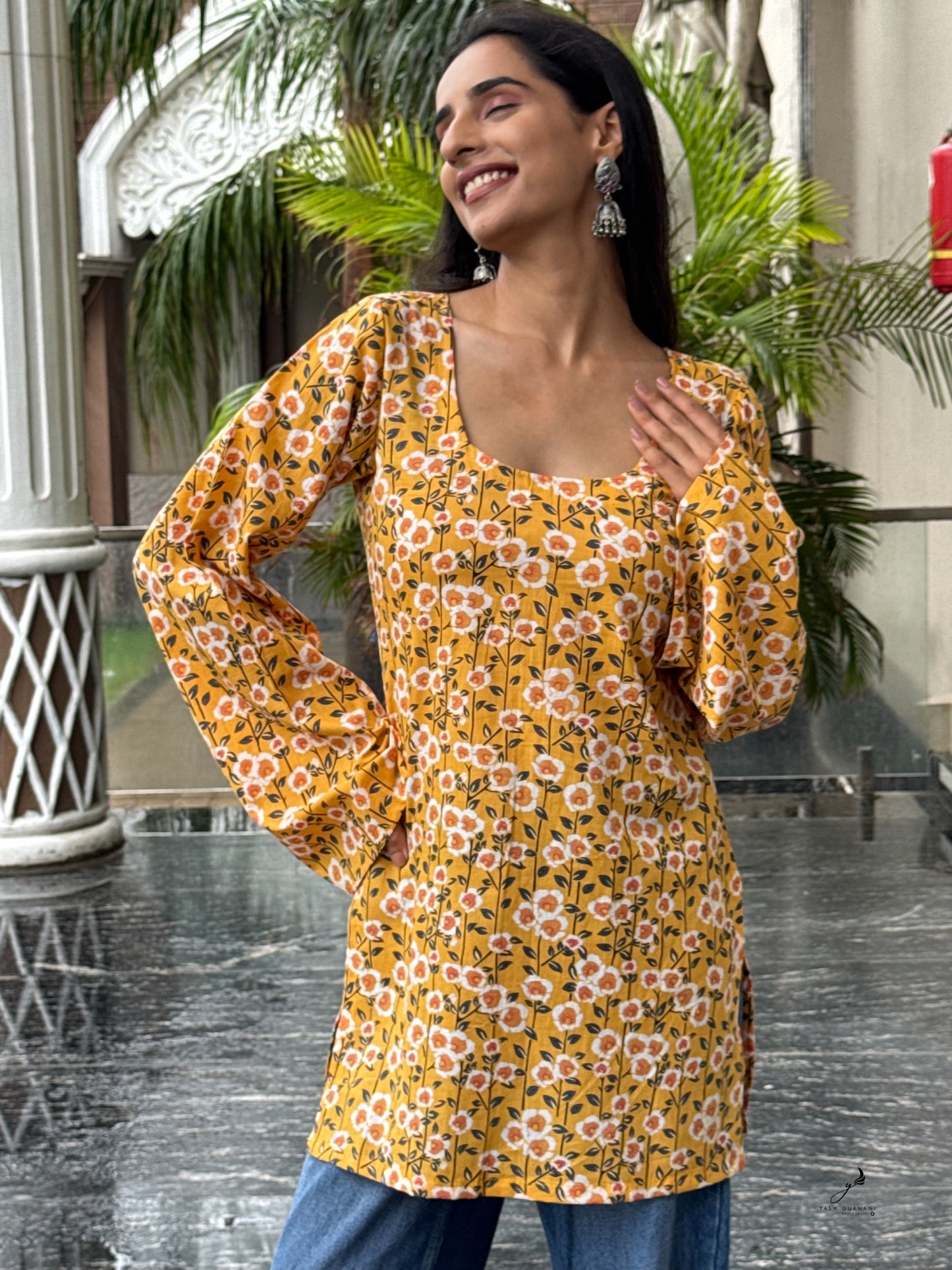 RAHEL COTTON YELLOW FLORAL BELL SLEEVES SHORT KURTI