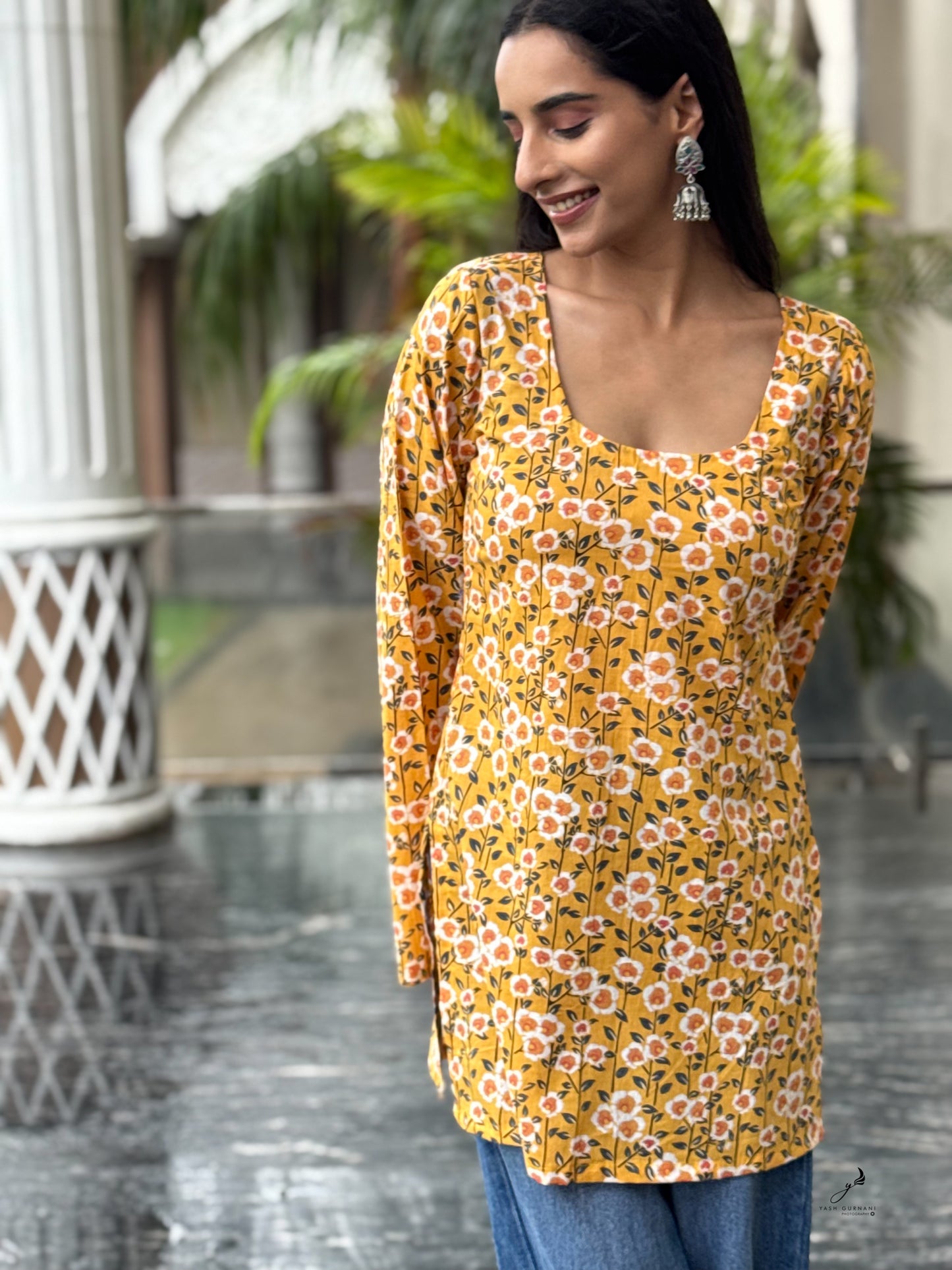 RAHEL COTTON YELLOW FLORAL BELL SLEEVES SHORT KURTI
