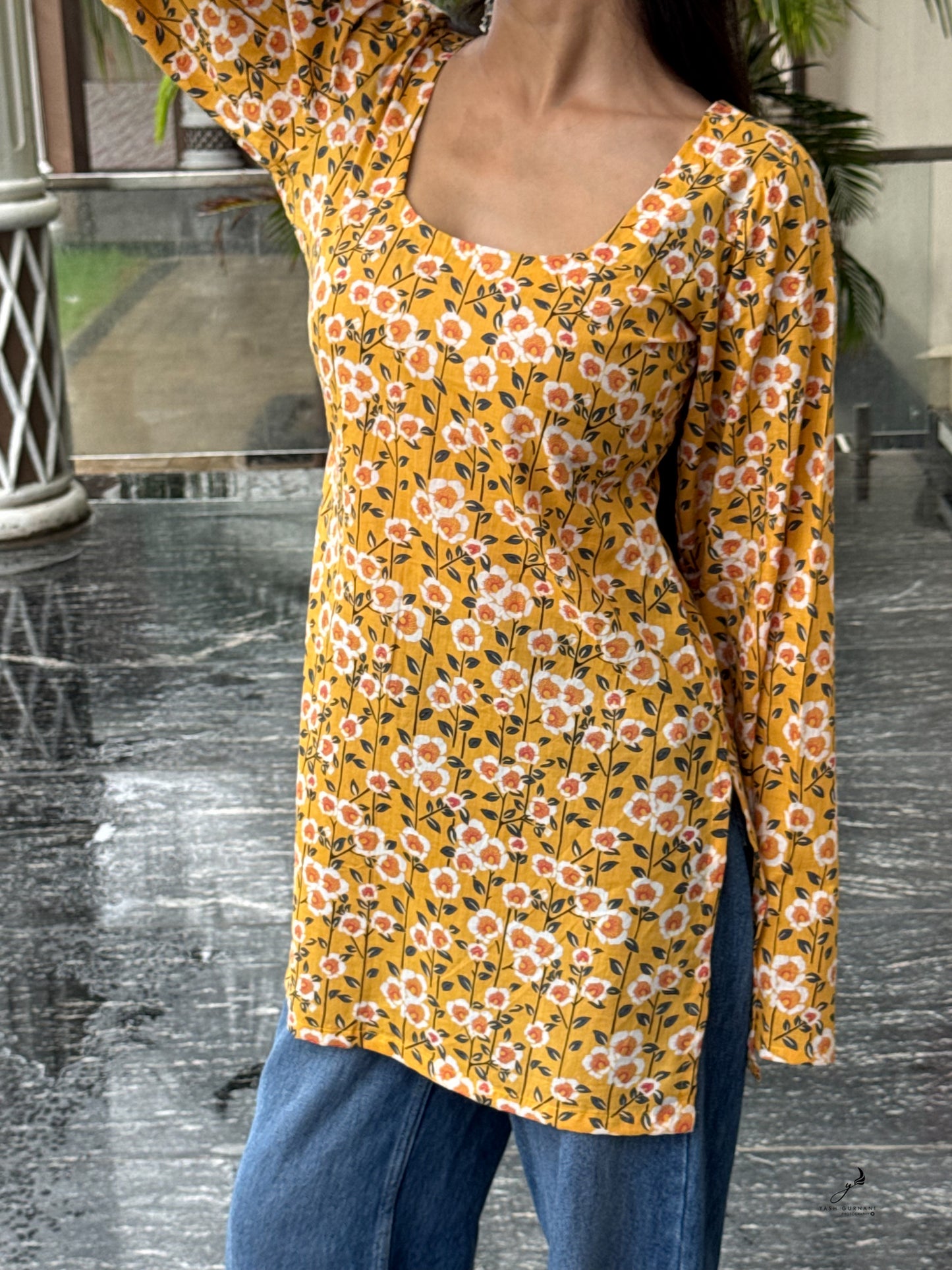 RAHEL COTTON YELLOW FLORAL BELL SLEEVES SHORT KURTI