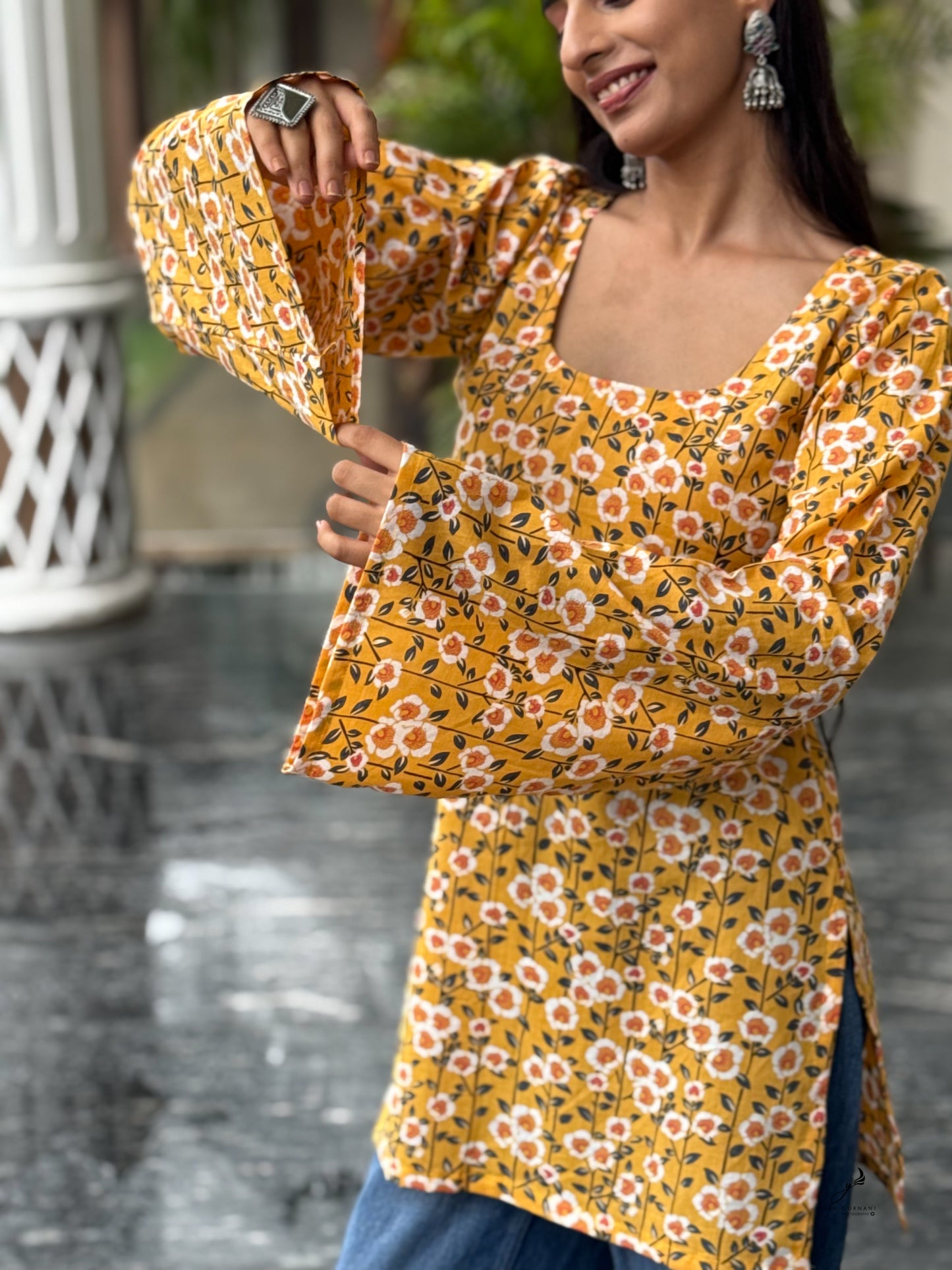 RAHEL COTTON YELLOW FLORAL BELL SLEEVES SHORT KURTI