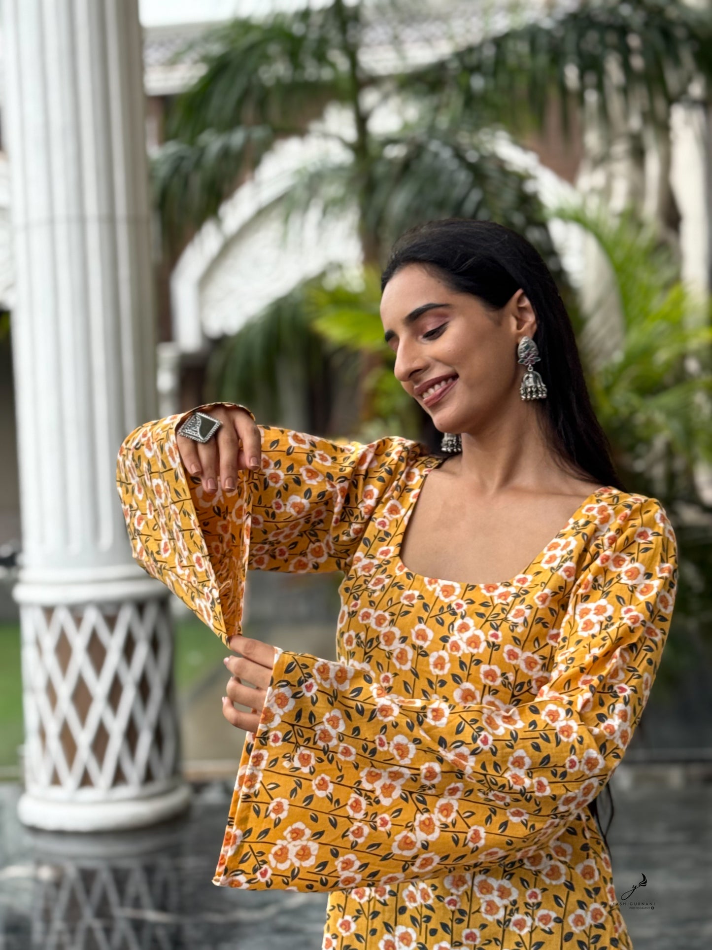RAHEL COTTON YELLOW FLORAL BELL SLEEVES SHORT KURTI