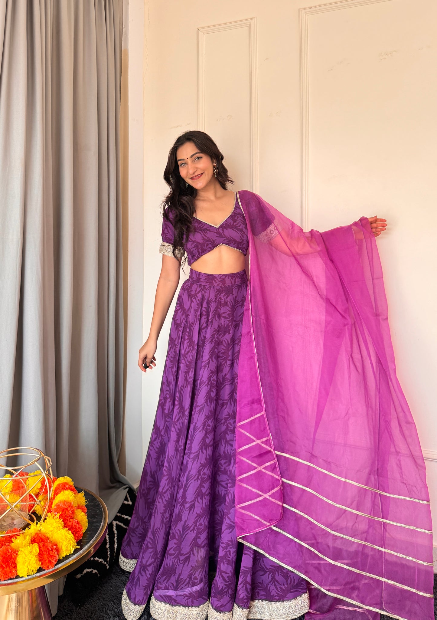 NEA PURPLE FLORAL PRINTED DETAILED LEHENGA SET