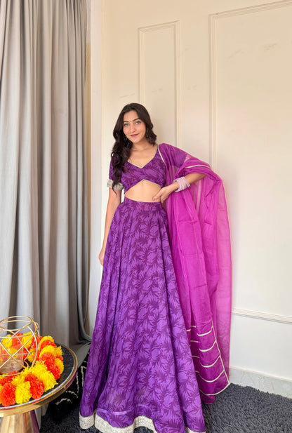 NEA PURPLE FLORAL PRINTED DETAILED LEHENGA SET