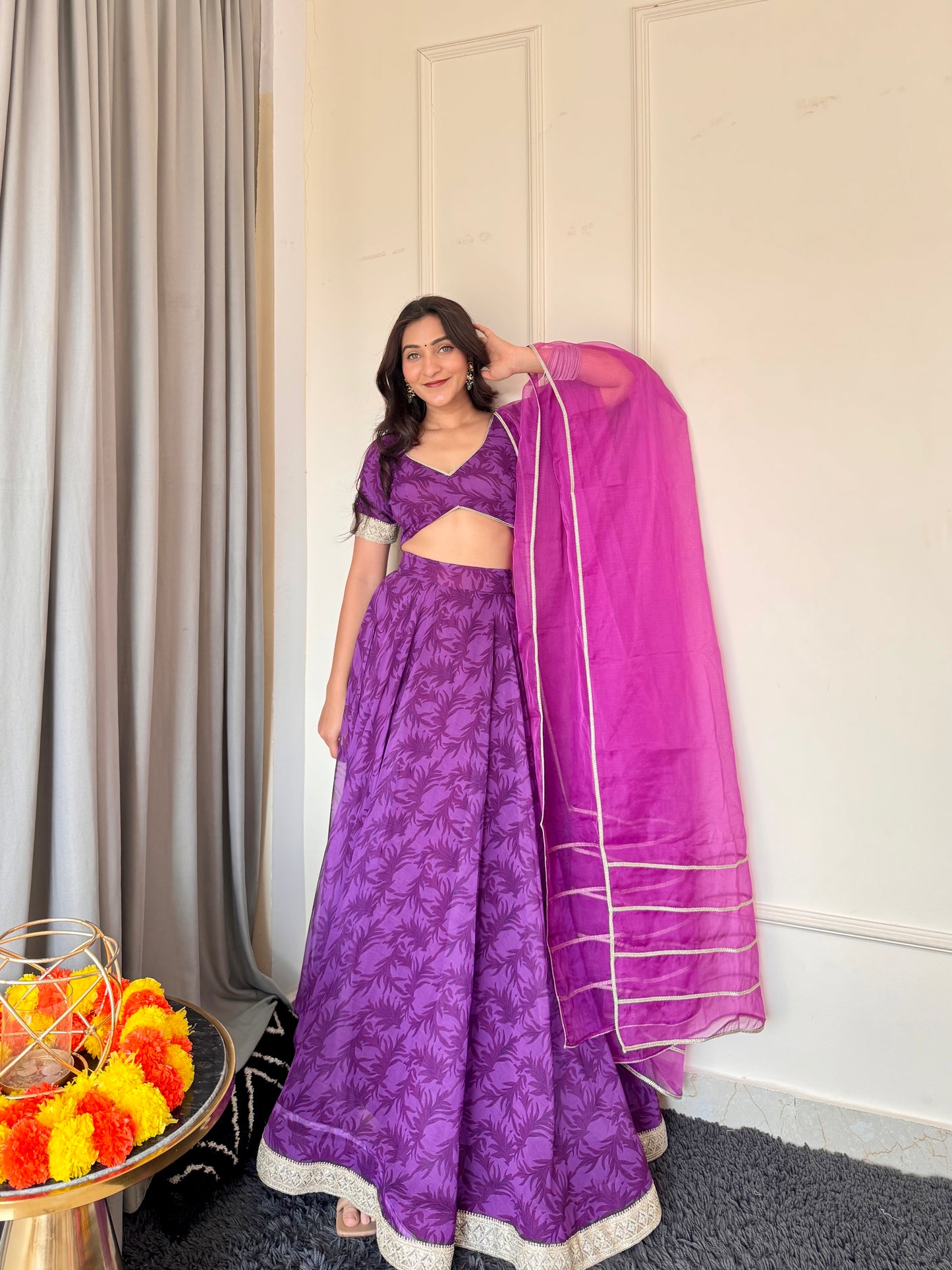 NEA PURPLE FLORAL PRINTED DETAILED LEHENGA SET